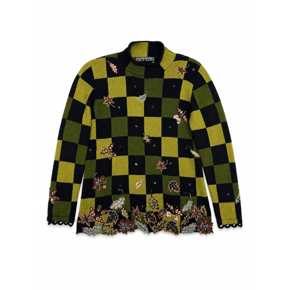 VTG 90s Berek Novelty Sweater Checker Black Green Sz S Mock Neck Beaded Sequin